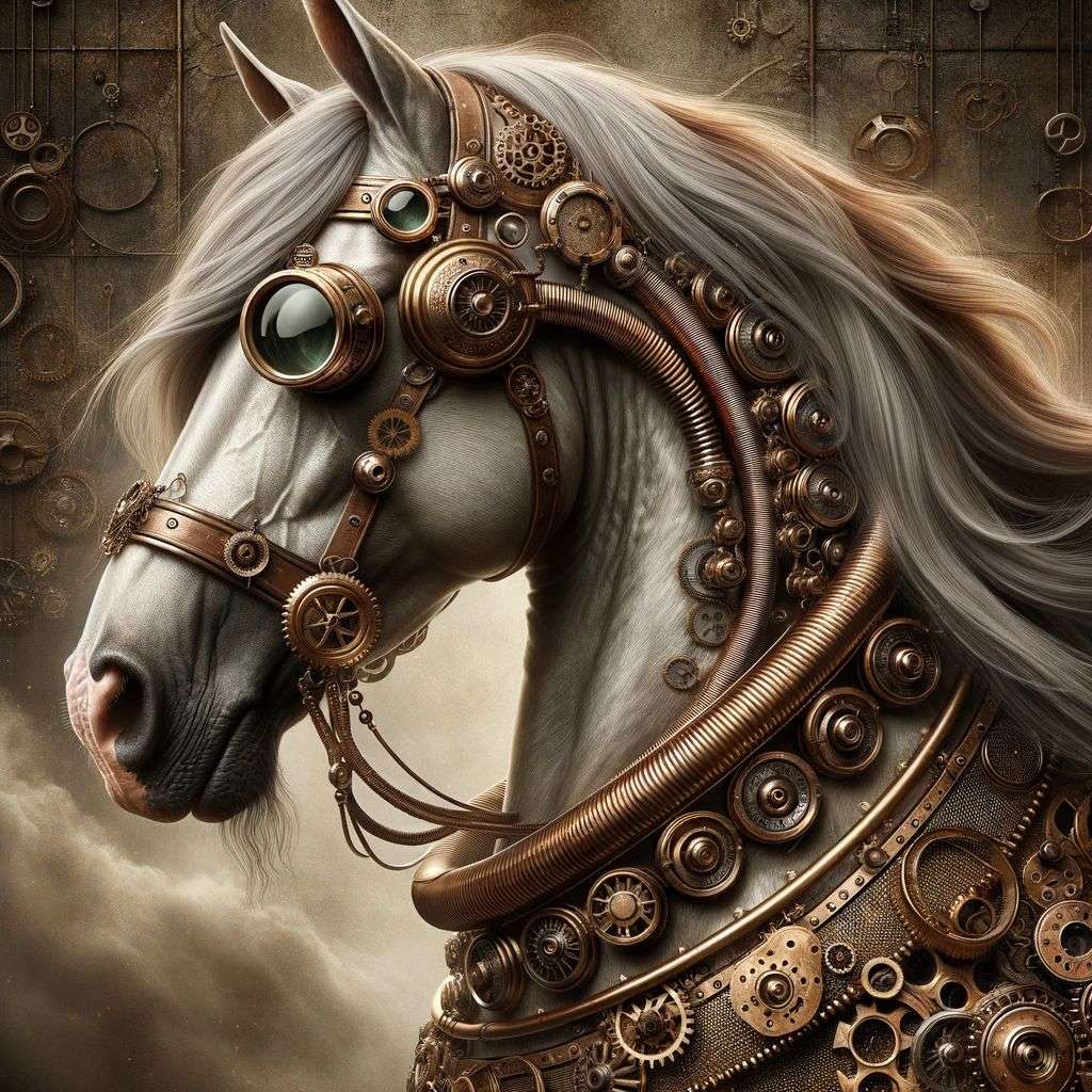 a horse, digital art, steampunk